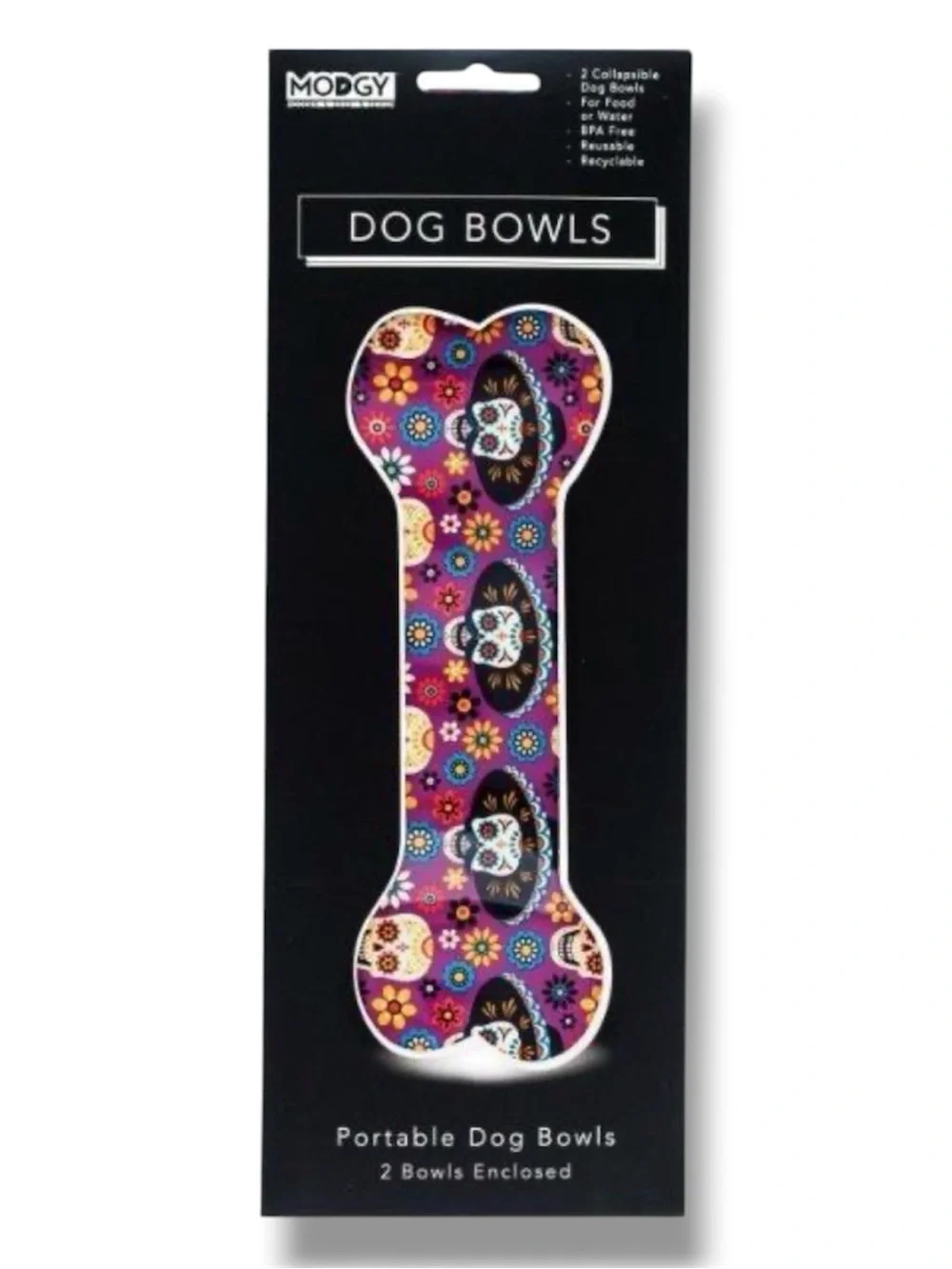 2-Pack Modgy Expandable Dog Bowls Set - Mexican Sugar Skulls Design - NWT